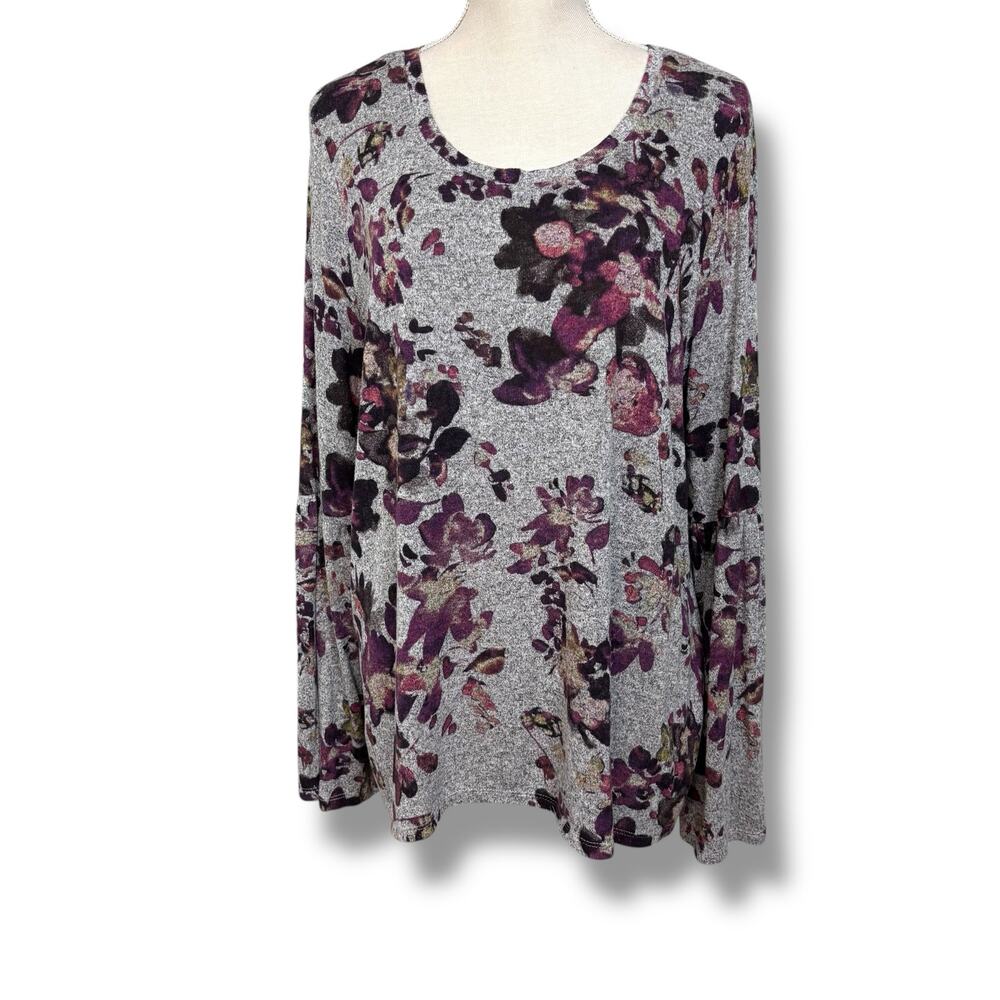 Simply Vera Vera Wang Gray and Purple Floral Top with Gathered Bell Sleeves XL